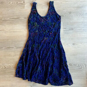 Lasoie Vintage Asymmetrical Blue Velvet patterned dress size small silk